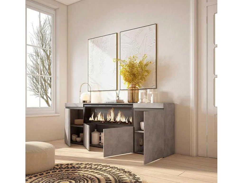 Dressoir, Opbergkast, 210, 4 Deuren, Elektrische Haard Xxl, Cement-Skraut Home Outlet