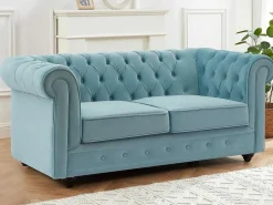 Drie- En Tweezitsbank Van Pastelblauw Velours Chesterfield-Vente-unique Best