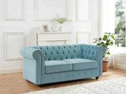 Drie- En Tweezitsbank Van Pastelblauw Velours Chesterfield-Vente-unique Best