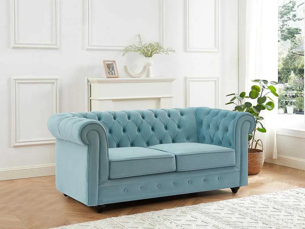 Drie- En Tweezitsbank Van Pastelblauw Velours Chesterfield-Vente-unique Best