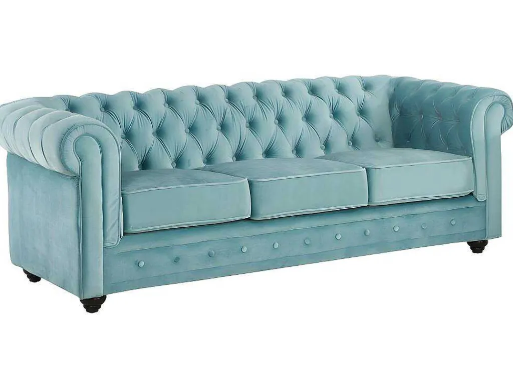 Drie- En Tweezitsbank Van Pastelblauw Velours Chesterfield-Vente-unique Best