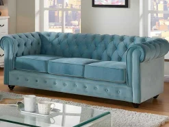 Drie- En Tweezitsbank Van Pastelblauw Velours Chesterfield-Vente-unique Best