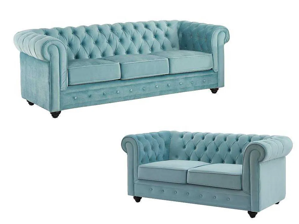 Drie- En Tweezitsbank Van Pastelblauw Velours Chesterfield-Vente-unique Best