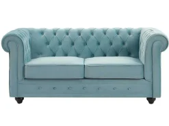 Drie- En Tweezitsbank Van Pastelblauw Velours Chesterfield-Vente-unique Best