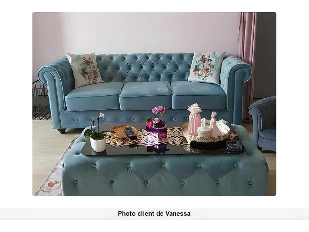 Drie- En Tweezitsbank Van Pastelblauw Velours Chesterfield-Vente-unique Best