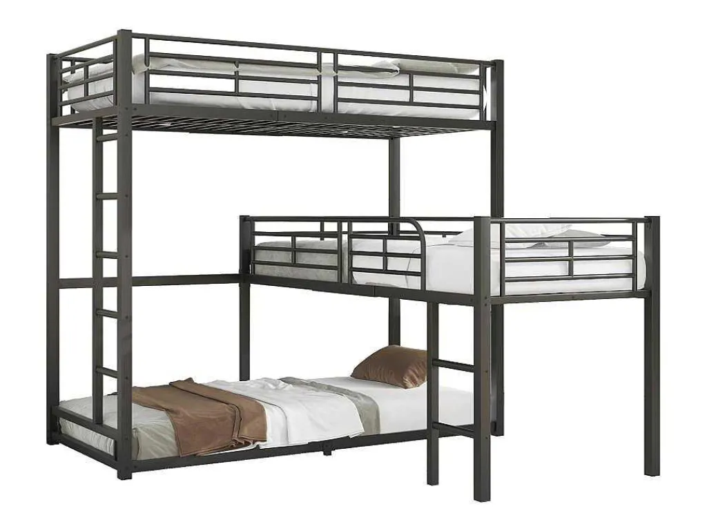 Driedubbele Stapelbedden 90 X 200 Cm - Hoge Reling En Ladder - Metaal - Zwart-Vente-unique Outlet