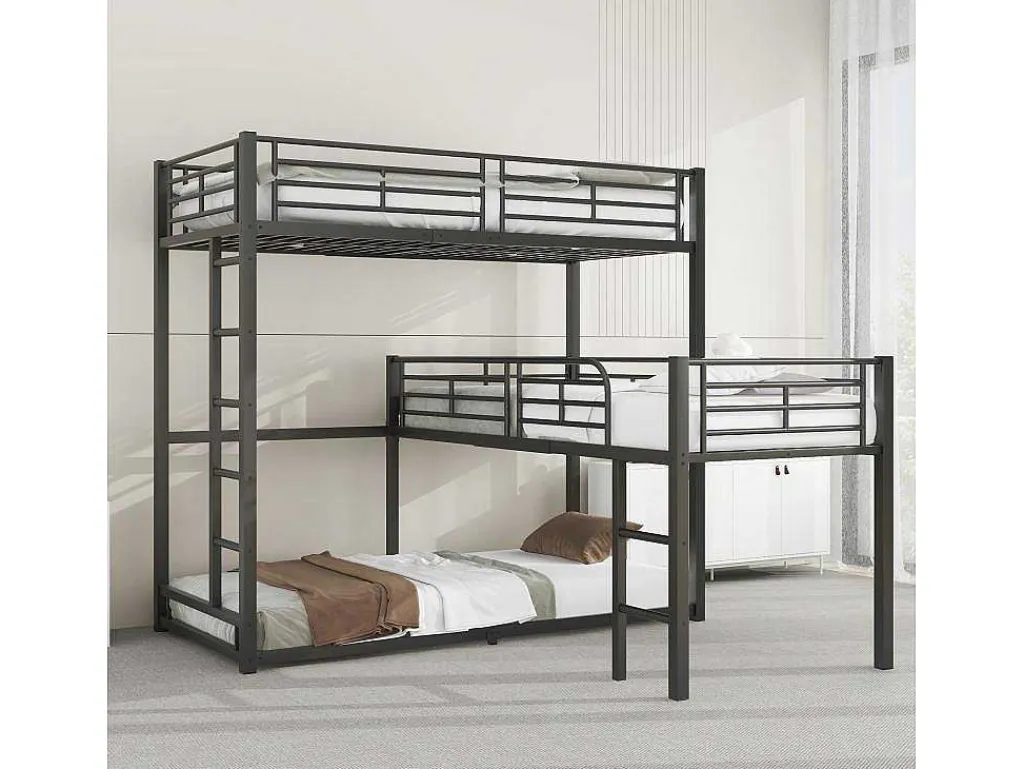 Driedubbele Stapelbedden 90 X 200 Cm - Hoge Reling En Ladder - Metaal - Zwart-Vente-unique Outlet