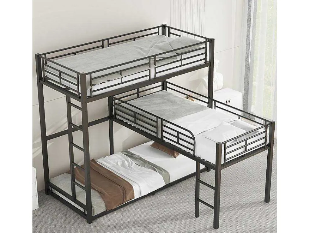 Driedubbele Stapelbedden 90 X 200 Cm - Hoge Reling En Ladder - Metaal - Zwart-Vente-unique Outlet