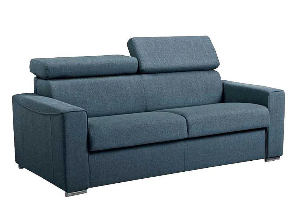 Driezits Express Slaapbank Van Stof Vizir - Blauw - Slaapafmeting Met Brede Latten 140 Cm - Matras 18 Cm-Vente-unique Clearance