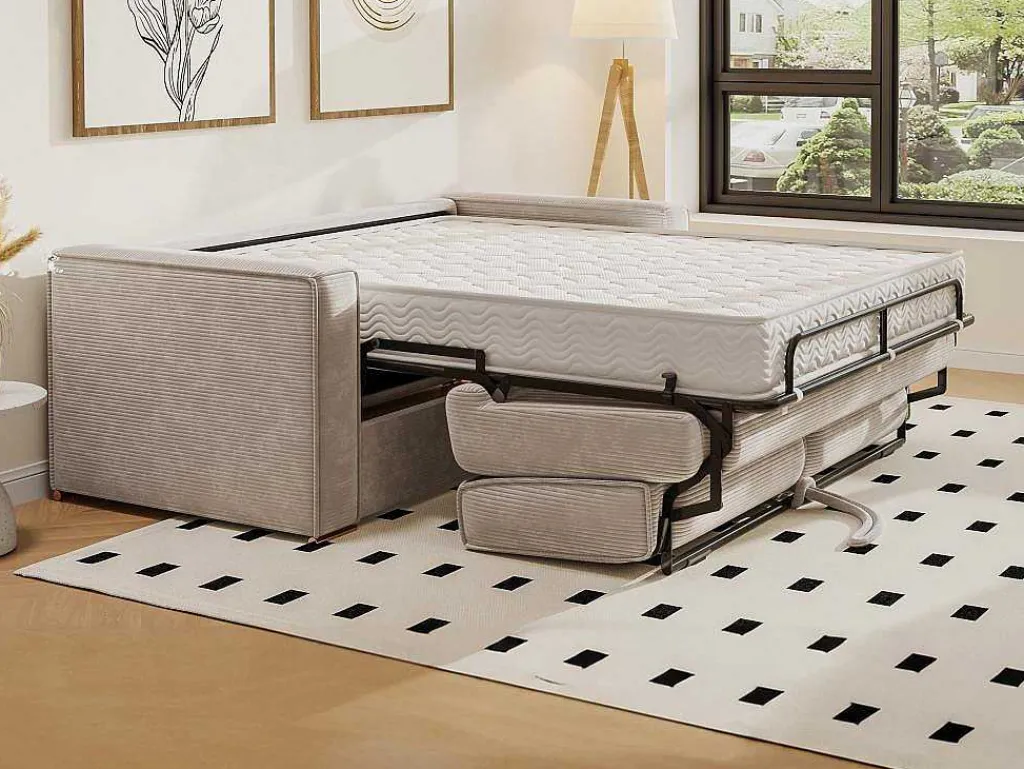 Driezits Express Slaapbank Van Ribfluweel - Beige - Loreto-Vente-unique Online