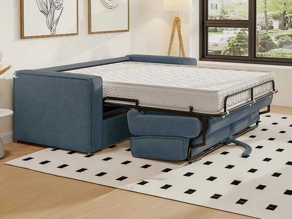 Driezits Express Slaapbank Van Ribfluweel - Blauw - Loreto-Vente-unique New