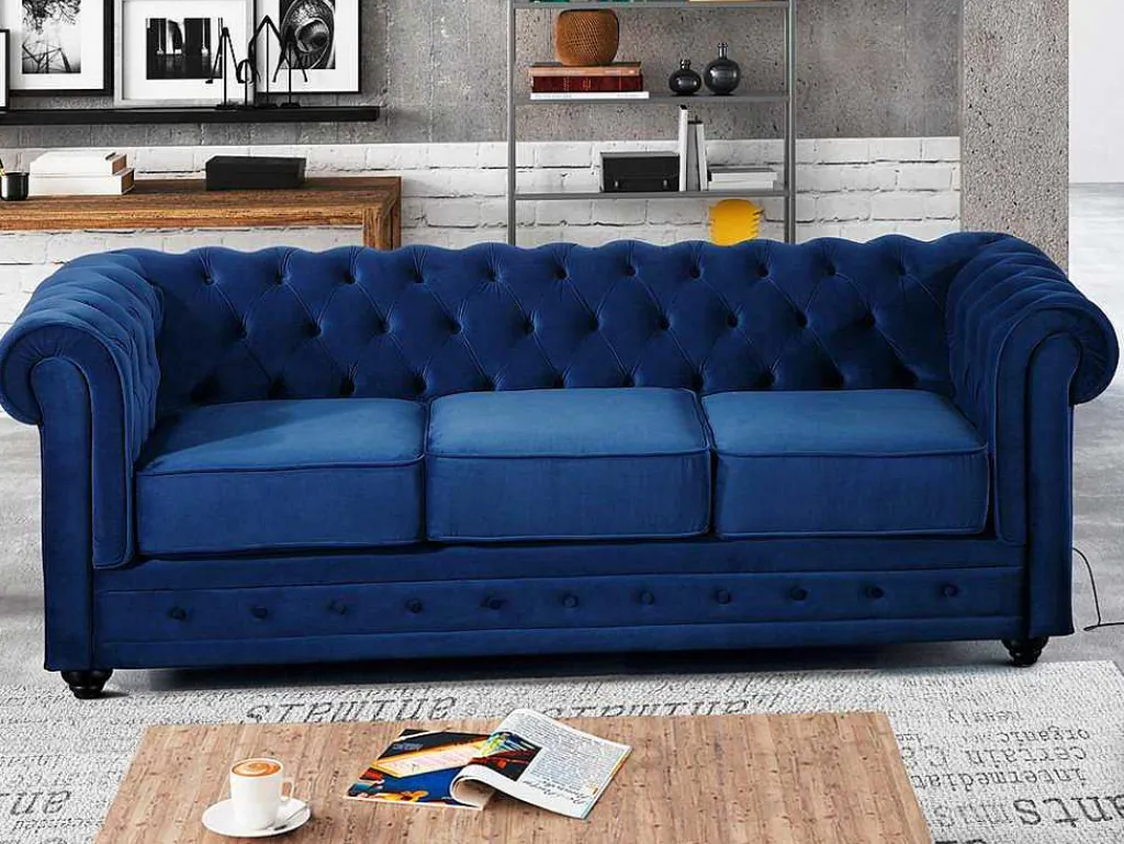 Driezitsbank Chesterfield - Fluweel - Koningsblauw-Vente-unique Online