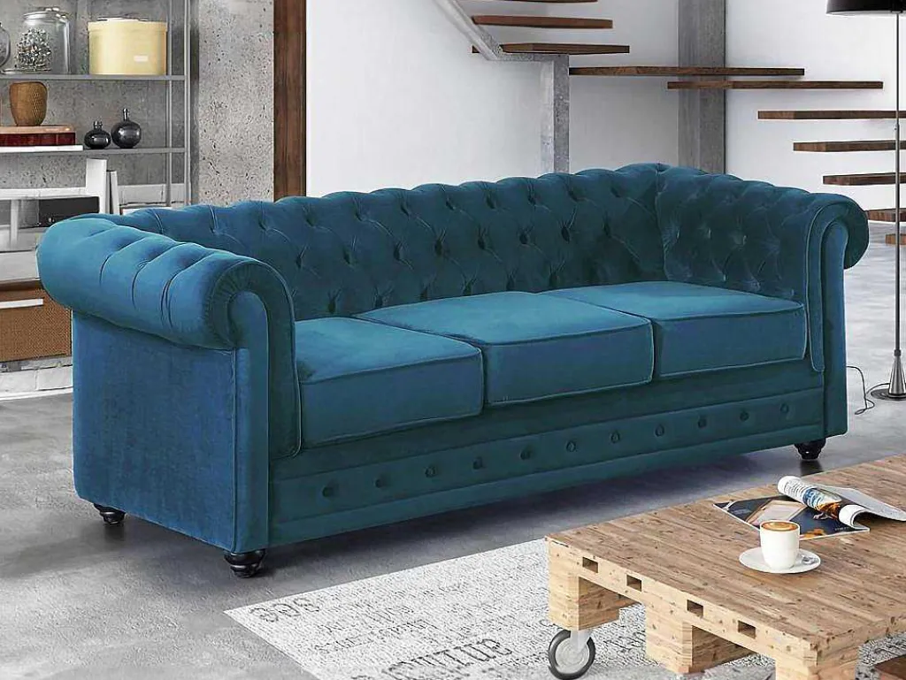 Driezitsbank Chesterfield Fluweel - Eend Blauw-Vente-unique Online