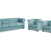 Driezitsbank En 2 Fauteuils Chesterfield - Fluweel - Pastel Blauw-Vente-unique Hot