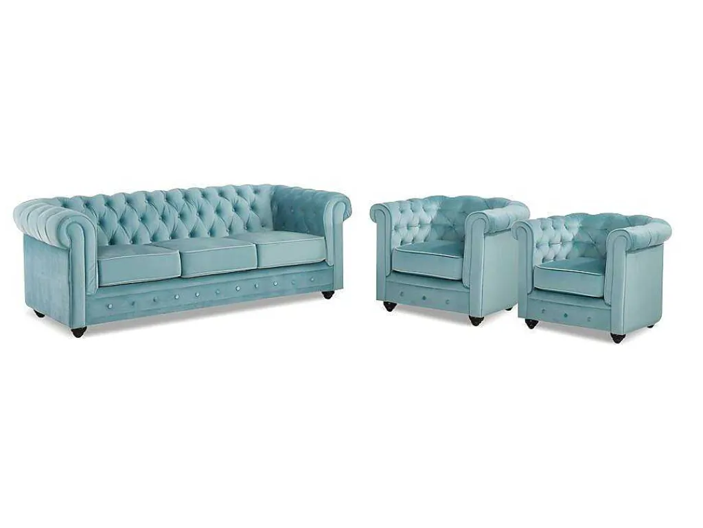 Driezitsbank En 2 Fauteuils Chesterfield - Fluweel - Pastel Blauw-Vente-unique Hot