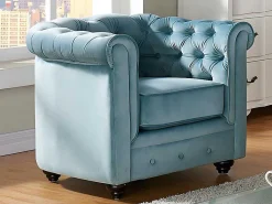 Driezitsbank En 2 Fauteuils Chesterfield - Fluweel - Pastel Blauw-Vente-unique Hot