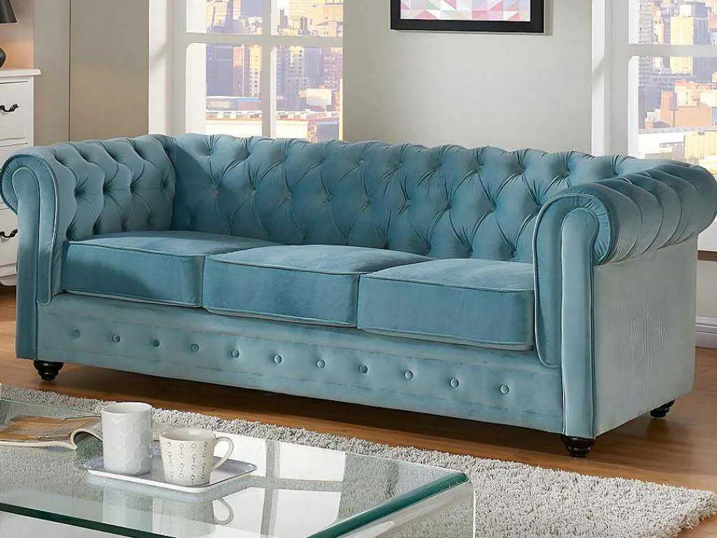Driezitsbank En 2 Fauteuils Chesterfield - Fluweel - Pastel Blauw-Vente-unique Hot