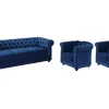 Driezitsbank En 2 Fauteuils Chesterfield - Fluweel - Konings Blauw-Vente-unique Sale