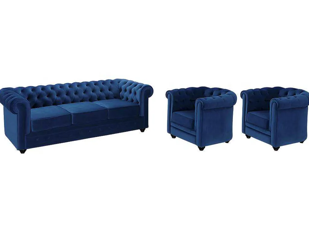 Driezitsbank En 2 Fauteuils Chesterfield - Fluweel - Konings Blauw-Vente-unique Sale