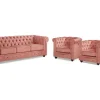 Driezitsbank En 2 Fauteuils Chesterfield - Fluweel - Pastel Roze-Vente-unique Outlet