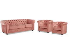 Driezitsbank En 2 Fauteuils Chesterfield - Fluweel - Pastel Roze-Vente-unique Outlet