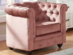 Driezitsbank En 2 Fauteuils Chesterfield - Fluweel - Pastel Roze-Vente-unique Outlet