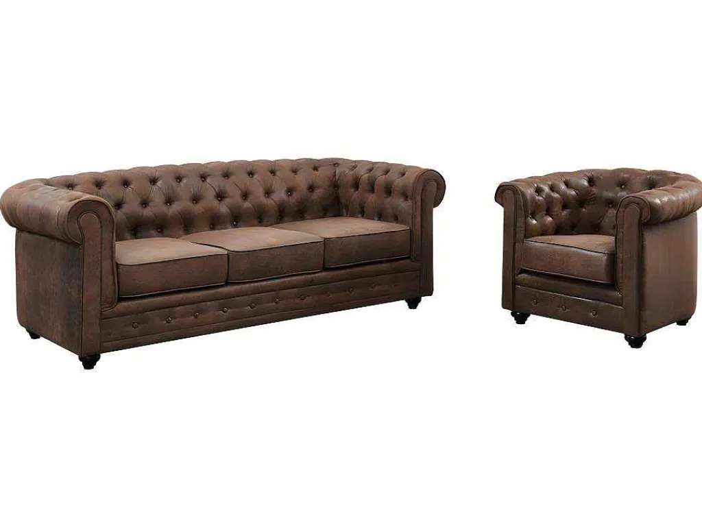 Driezitsbank En Fauteuil Chesterfield Van Microvezel Met Vintage Look-Vente-unique Online