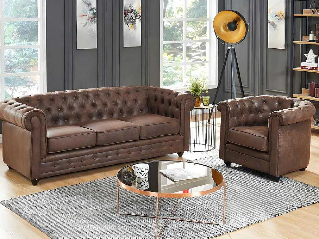 Driezitsbank En Fauteuil Chesterfield Van Microvezel Met Vintage Look-Vente-unique Online