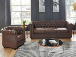 Driezitsbank En Fauteuil Chesterfield Van Microvezel Met Vintage Look-Vente-unique Online