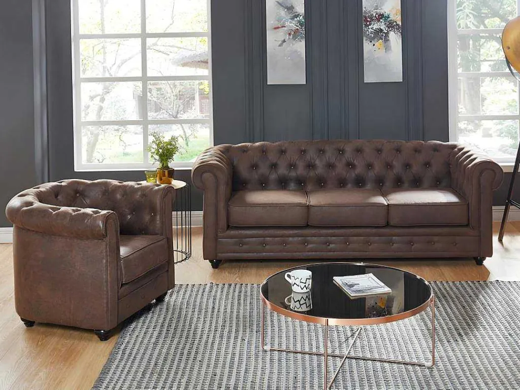 Driezitsbank En Fauteuil Chesterfield Van Microvezel Met Vintage Look-Vente-unique Online