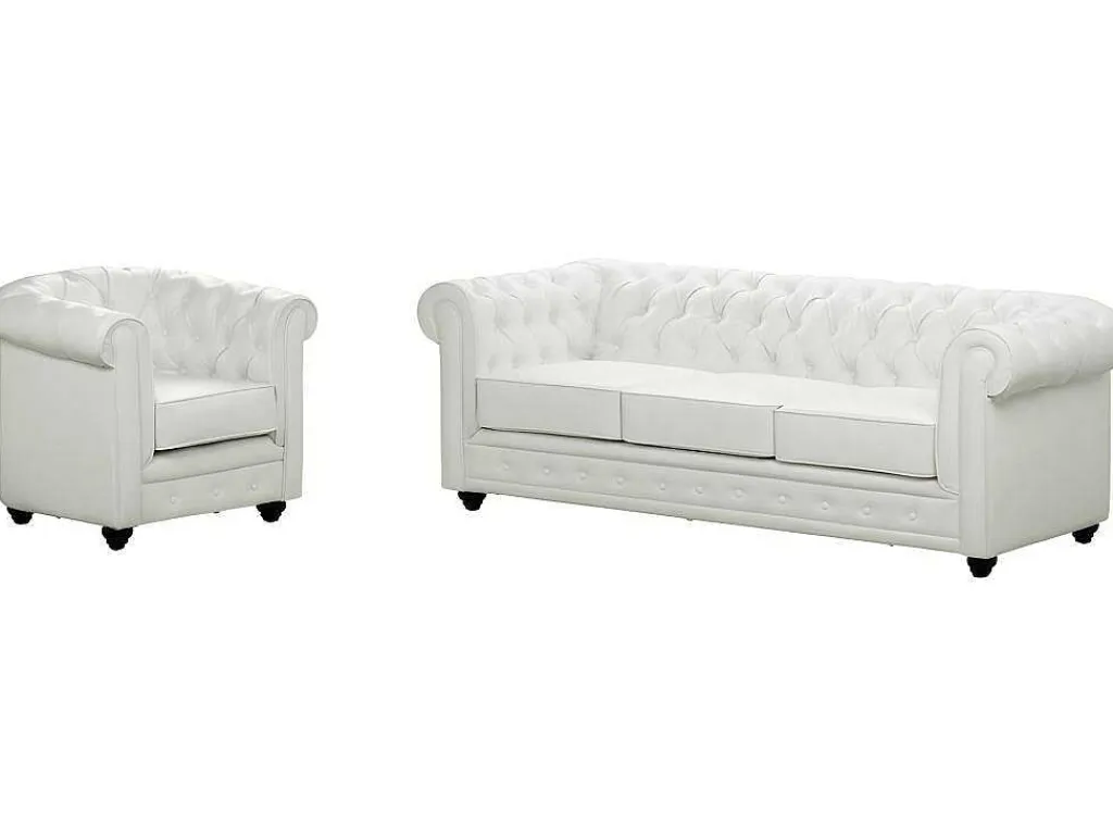 Driezitsbank En Fauteuil Chesterfield Van Kunstleer - Wit-Vente-unique Online