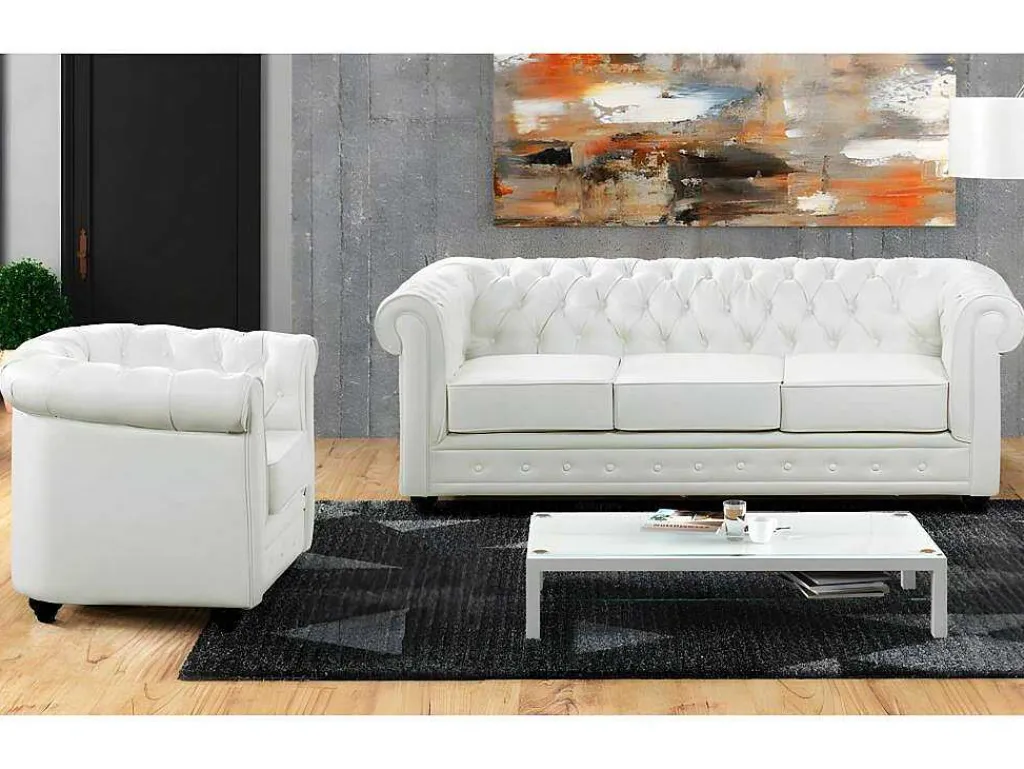 Driezitsbank En Fauteuil Chesterfield Van Kunstleer - Wit-Vente-unique Online
