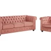 Driezitsbank En Fauteuil Chesterfield - Fluweel - Pastel Roze-Vente-unique