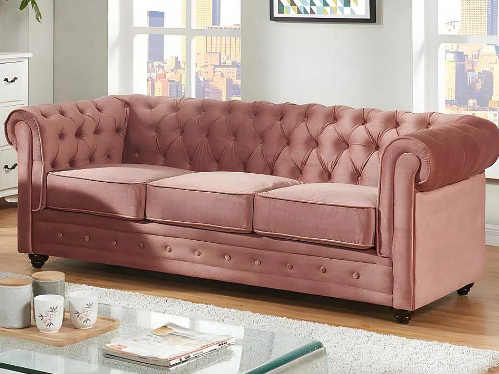Driezitsbank En Fauteuil Chesterfield - Fluweel - Pastel Roze-Vente-unique