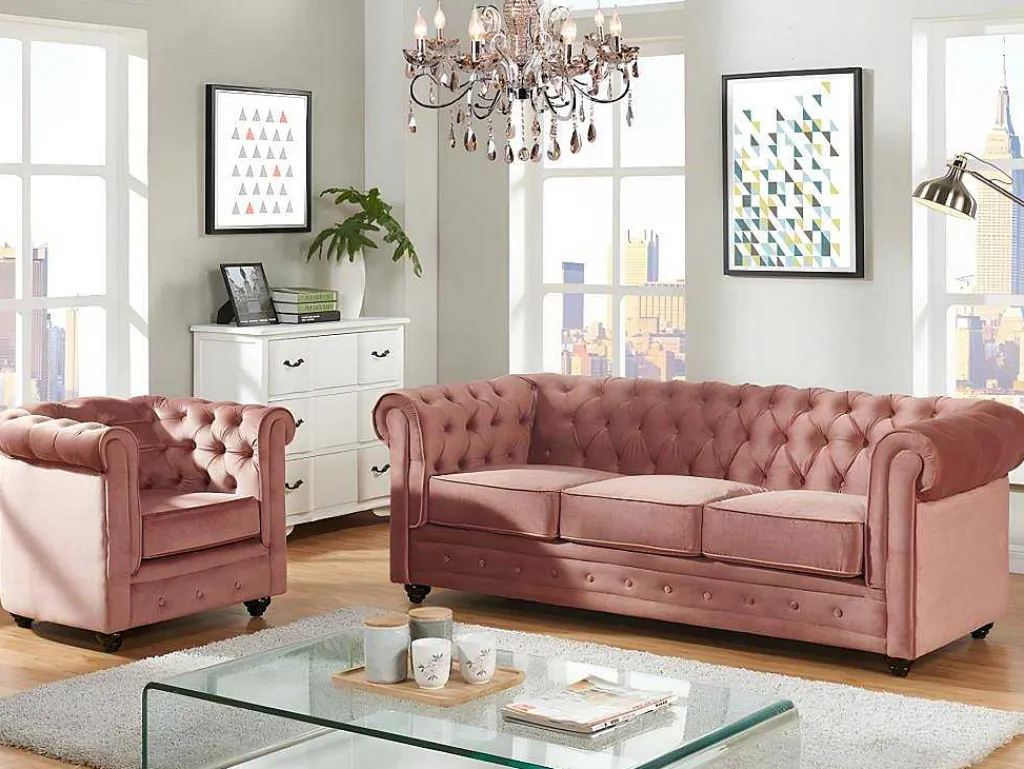 Driezitsbank En Fauteuil Chesterfield - Fluweel - Pastel Roze-Vente-unique