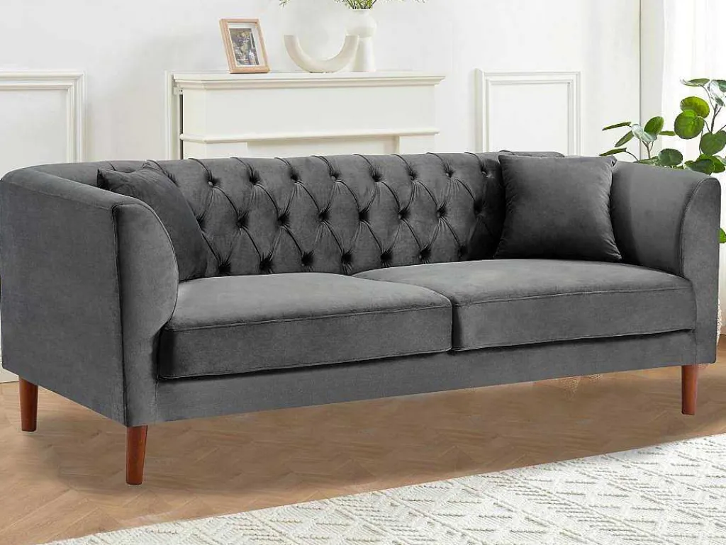Driezits-Chesterfield-Bank Van Antracietkleurig Velours Arsene-Vente-unique Online