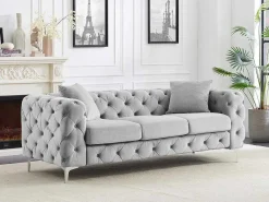 Driezits-Chesterfield-Bank Van Lichtgrijs Velours Edwina-Vente-unique Online