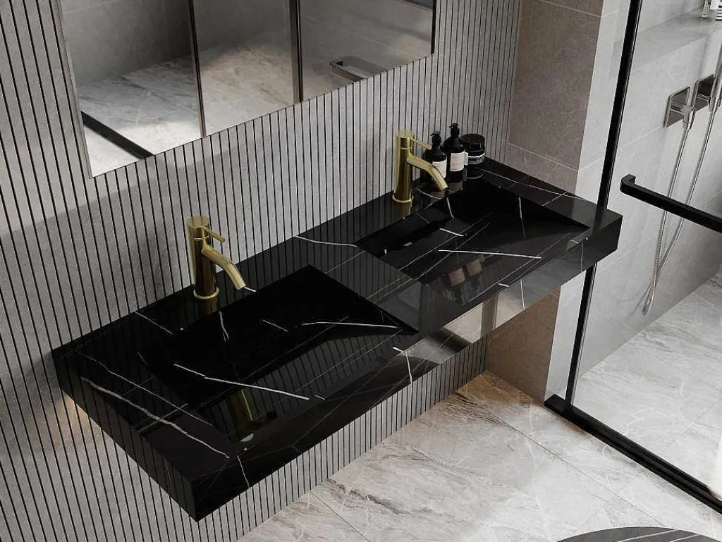 Dubbele Hangwasbak In Solid Surface Met De Look Van Zwart Marmer - L120,2 X B45,2 X H8 Cm - Takotna-Shower & Design Best