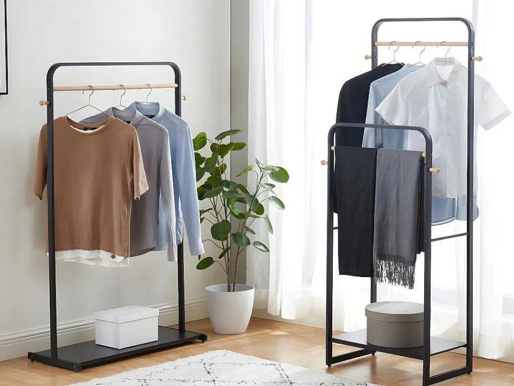 Dubbele Kledingrek Selin - L65 Cm - Zwart Metaal En Beukenhout-Vente-unique Clearance