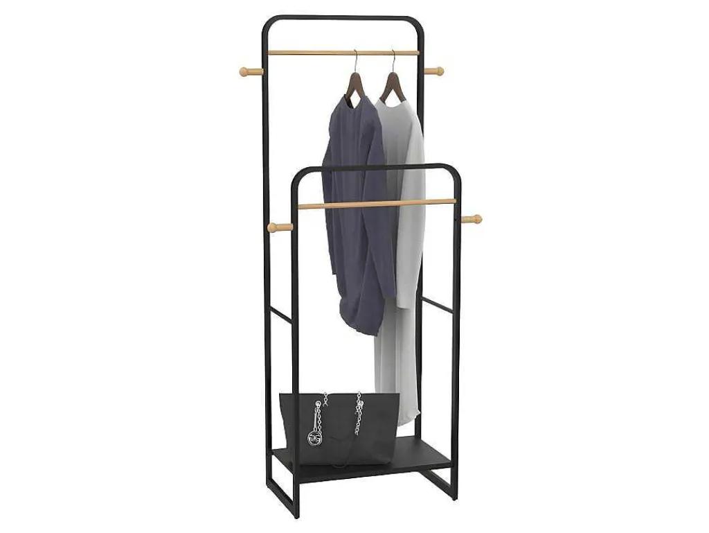 Dubbele Kledingrek Selin - L65 Cm - Zwart Metaal En Beukenhout-Vente-unique Clearance