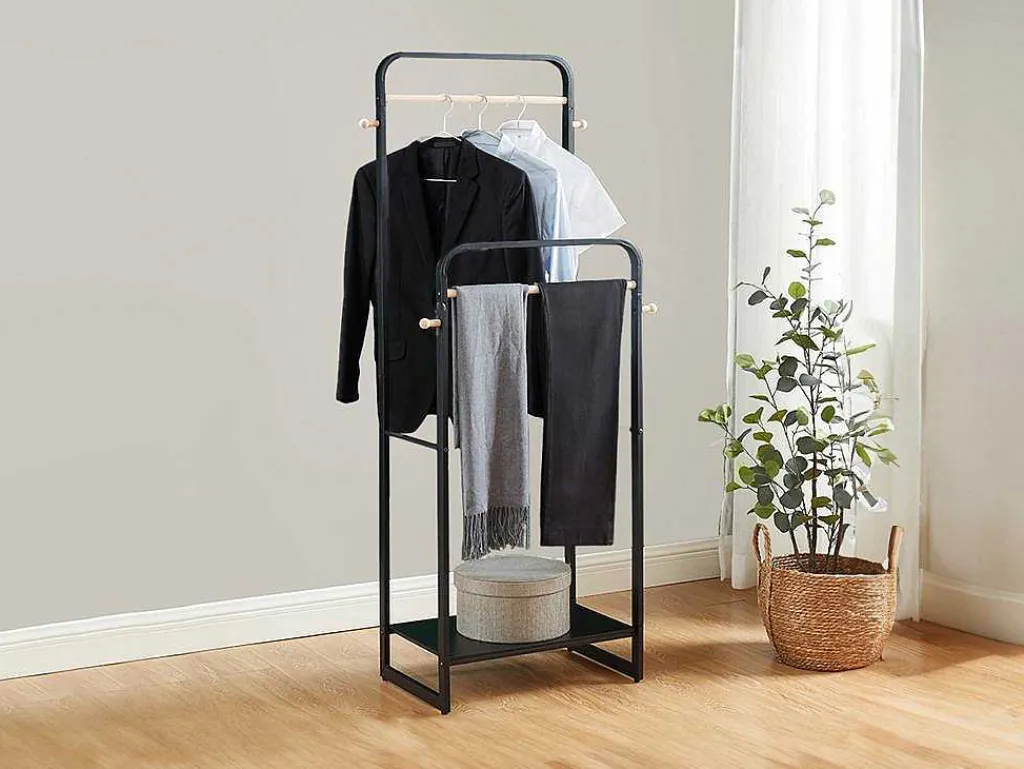 Dubbele Kledingrek Selin - L65 Cm - Zwart Metaal En Beukenhout-Vente-unique Clearance