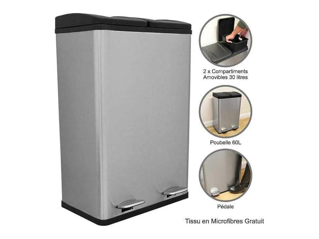 Dubbele Pedaalemmer 60 L - Zilver-Monstershop