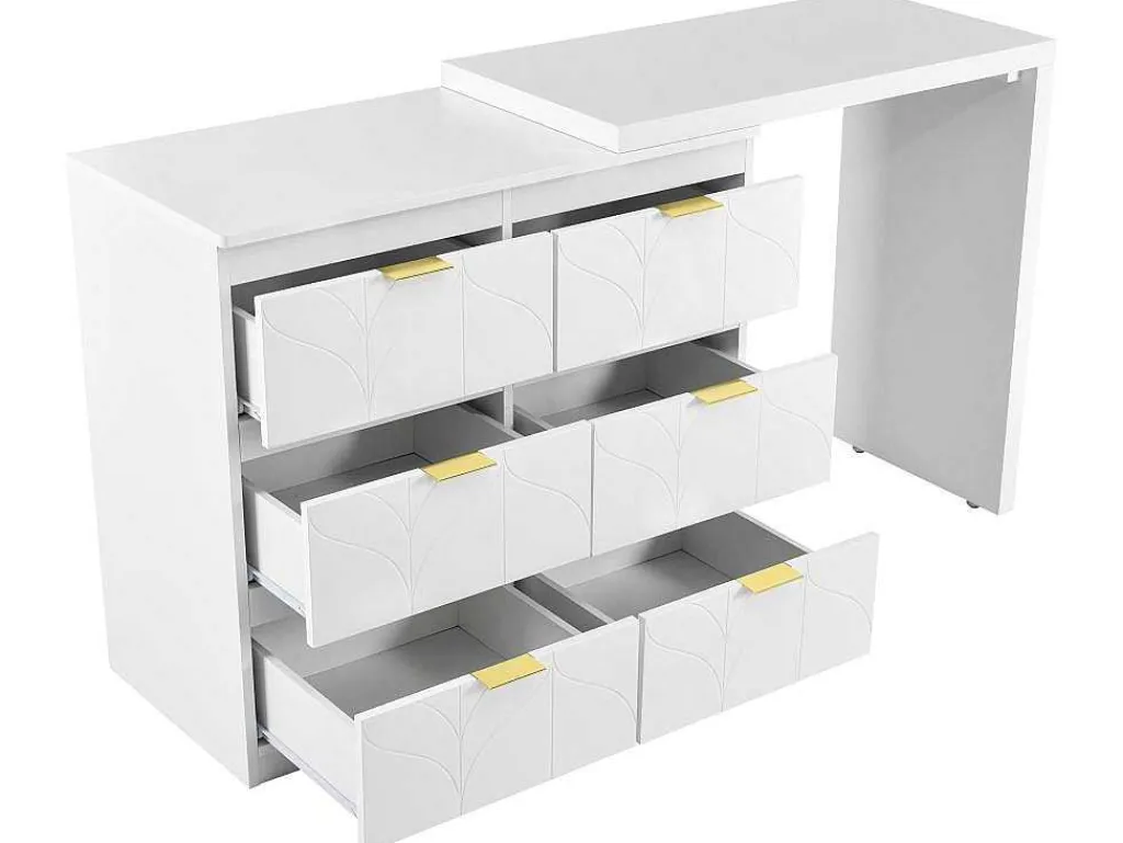 Eigentijdse Scandinavische Draaibare Kaptafel Met 6 Lades - Versierd Met Bloemmotief - Wit-ModernLuxe Best
