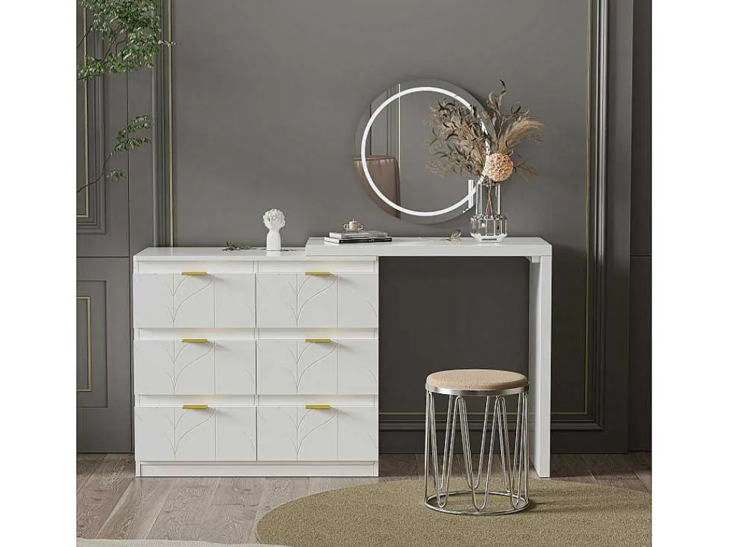 Eigentijdse Scandinavische Draaibare Kaptafel Met 6 Lades - Versierd Met Bloemmotief - Wit-ModernLuxe Best