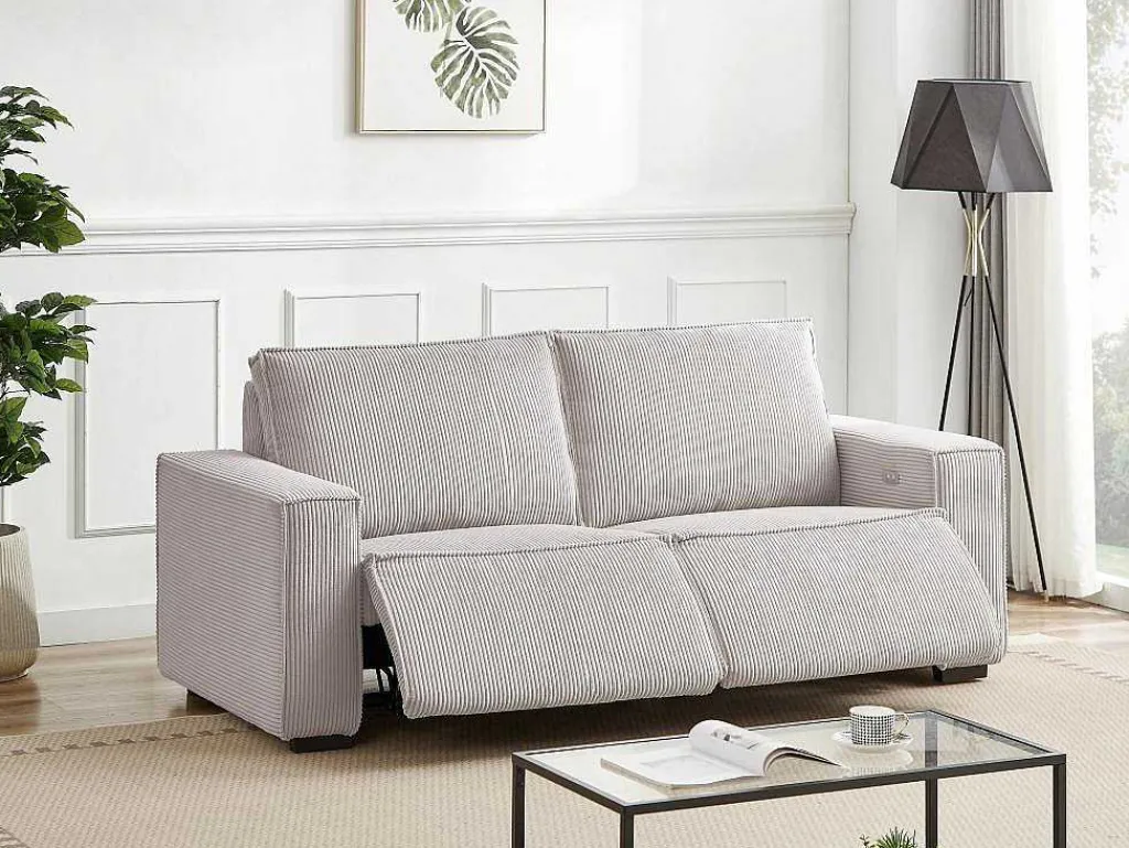 Elektrische Driezits-Relaxhoekbank Van Lichtgrijs Ribfluweel Amelio-Vente-unique Clearance