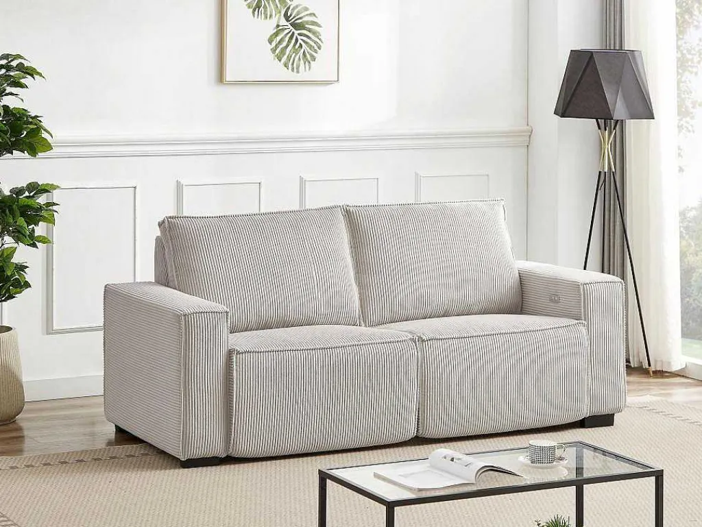 Elektrische Driezits-Relaxhoekbank Van Lichtgrijs Ribfluweel Amelio-Vente-unique Clearance