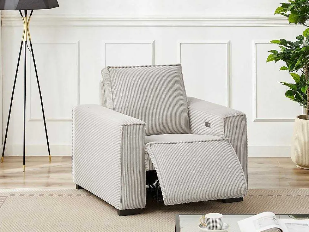 Elektrische Relaxfauteuil Van Lichtgrijs Ribfluweel Amelio-Vente-unique Clearance