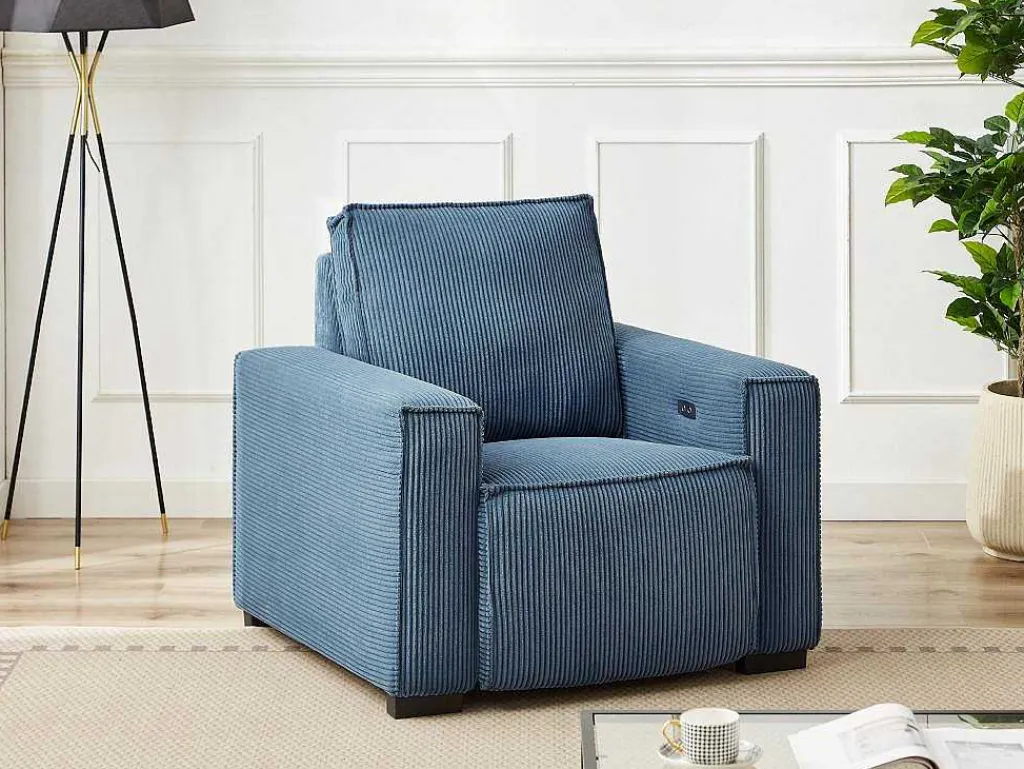 Elektrische Relaxfauteuil Met Bekleding In Blauw Ribfluweel Amelio-Vente-unique Clearance
