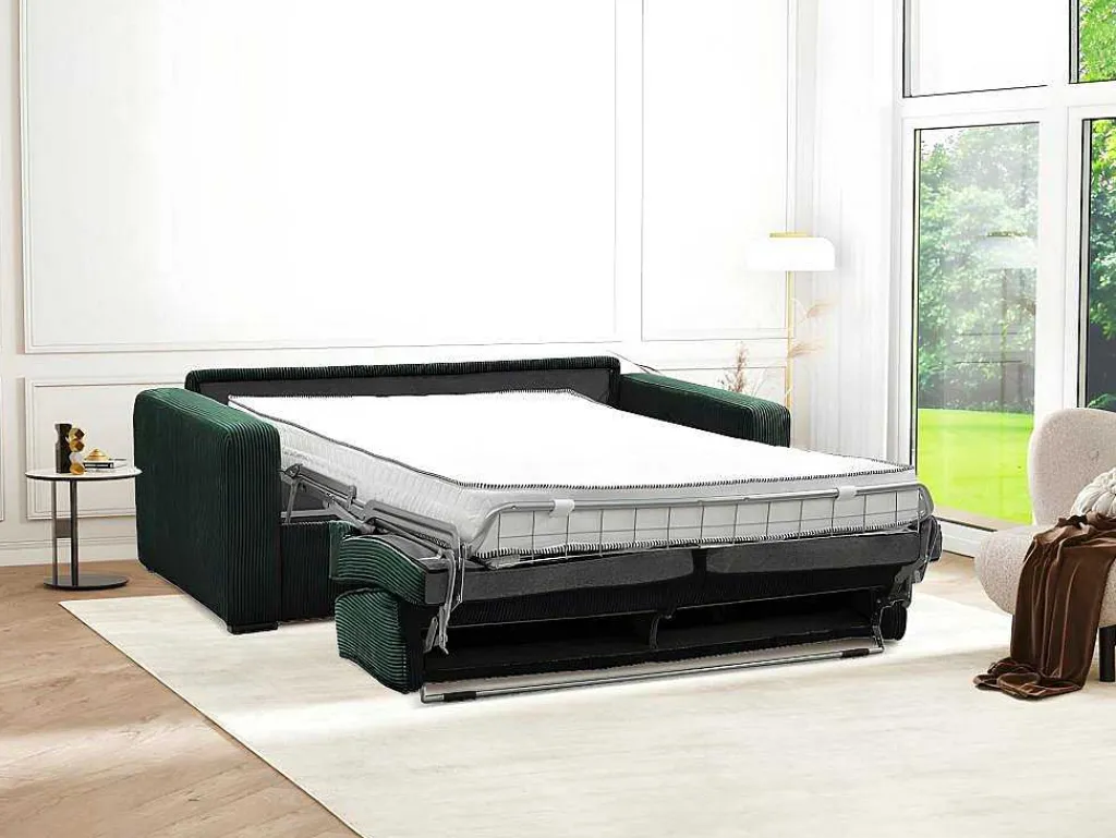 Express-Driezitsslaapbank Van Groen Ribfluweel - Bed 140 Cm - Matras 18 Cm - Mondovi-Vente-unique Sale