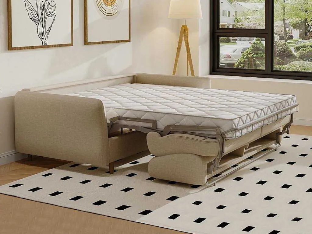 Express-Driezitsslaapbank Van Beige Stof - Bed Met Brede Latten 140 Cm - Matras 14 Cm Arcadia-Vente-unique Hot
